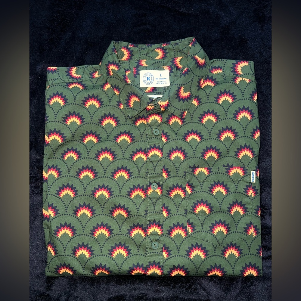 Hurley Men's Geometric Button Down Shirt, Stretch Fit, Woven, Green, Size Large